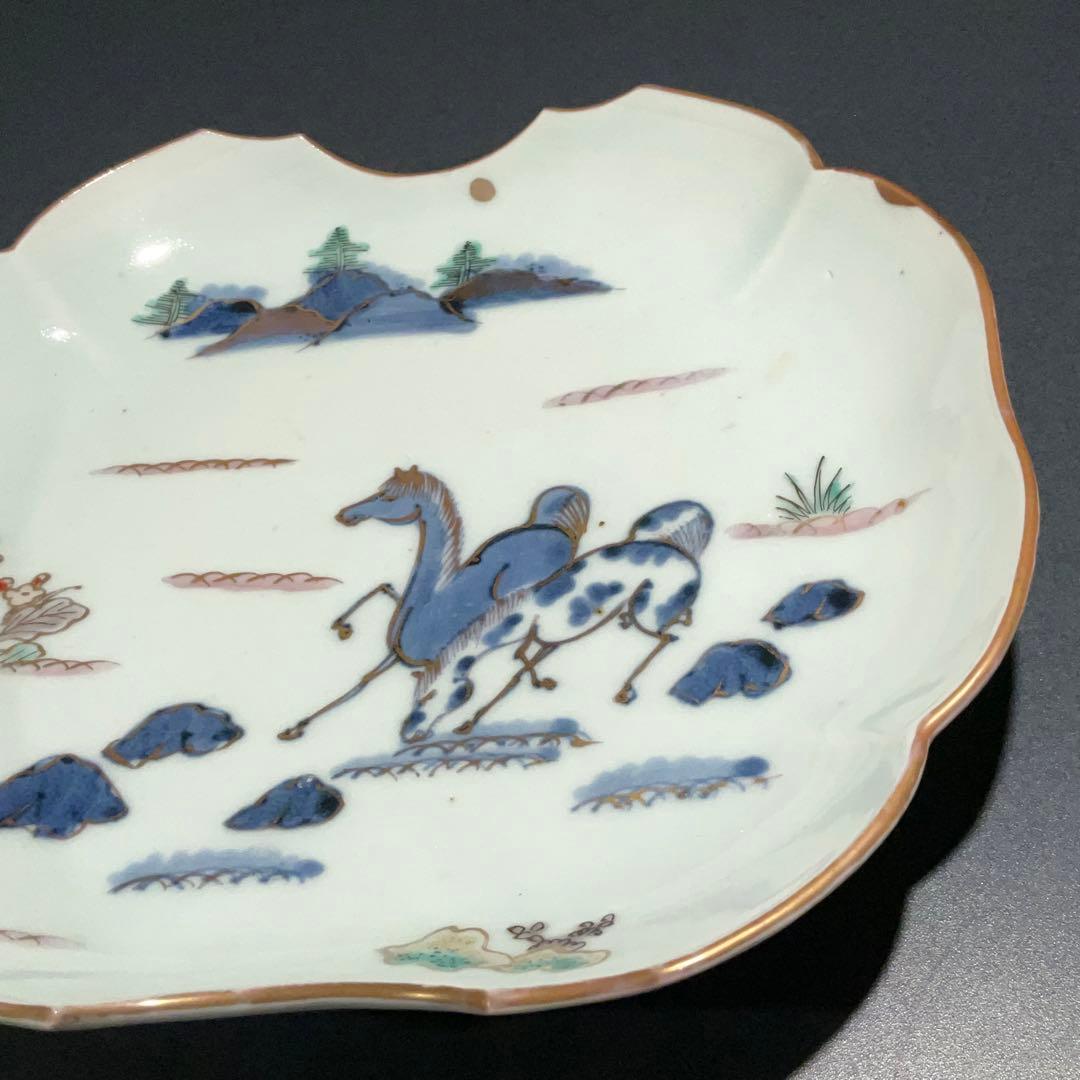伊万里金襴手馬図変形皿　江戸　古伊万里　金直し　R0917w1ダH