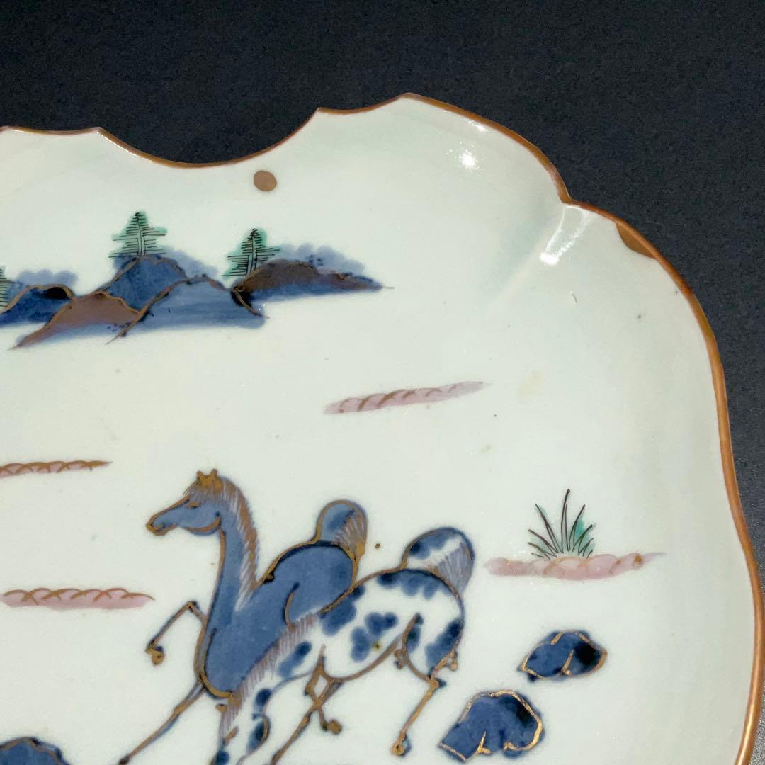 伊万里金襴手馬図変形皿　江戸　古伊万里　金直し　R0917w1ダH