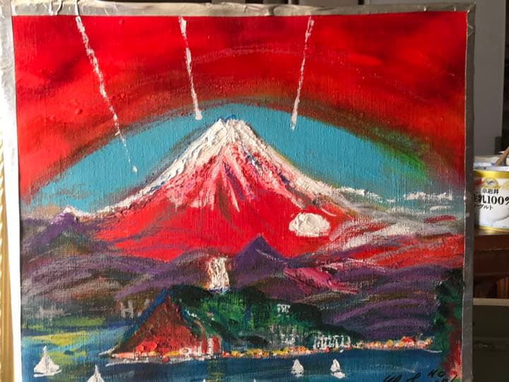 空飛ぶ画家糸川裕志の富士山曼荼羅の一点、夕方のイメージ、F4号、油絵