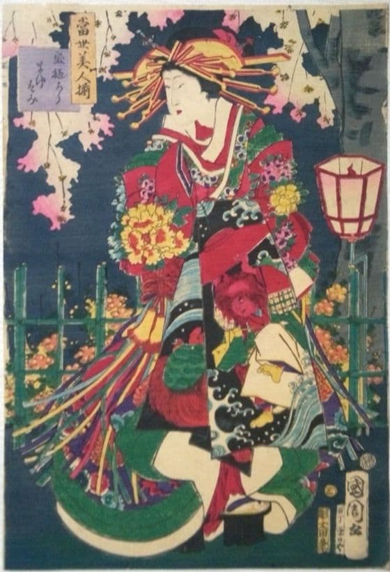 浮世絵、當世美人揃、豊原国周画 明治元年出版、三枚綴りか五枚綴りの内の一枚売り