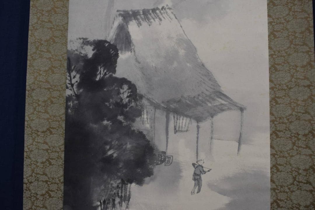 【真作】藤井松山/村居秋月図/秋月山水人物図/掛軸☆宝船☆Y-206　JM