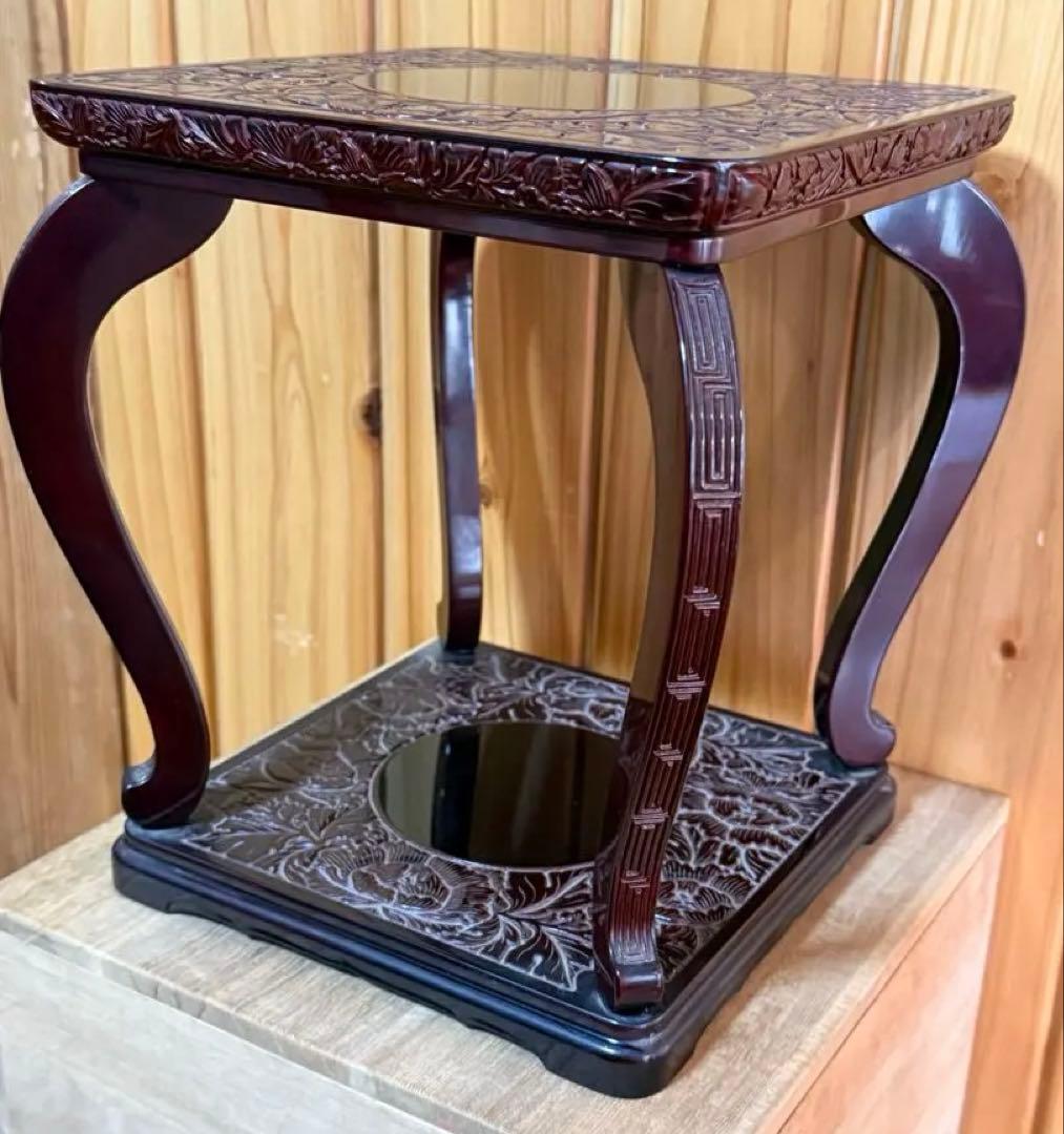 村上木彫堆朱　香炉台　朱溜塗　連峰作　共箱付