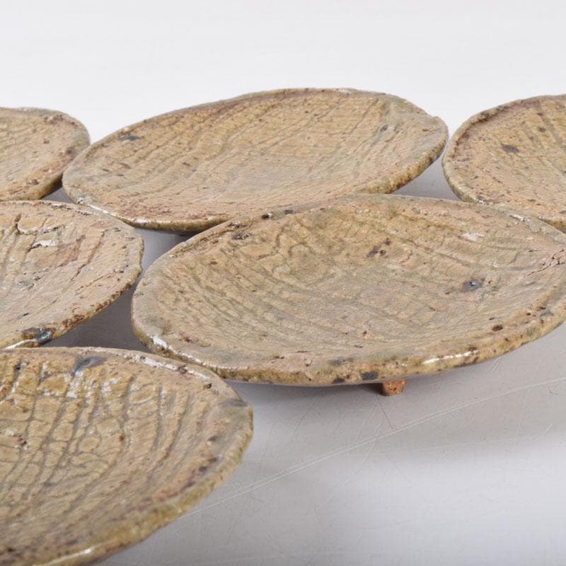 虫明焼　三つ足銘々皿　六客　時代箱　N　8673