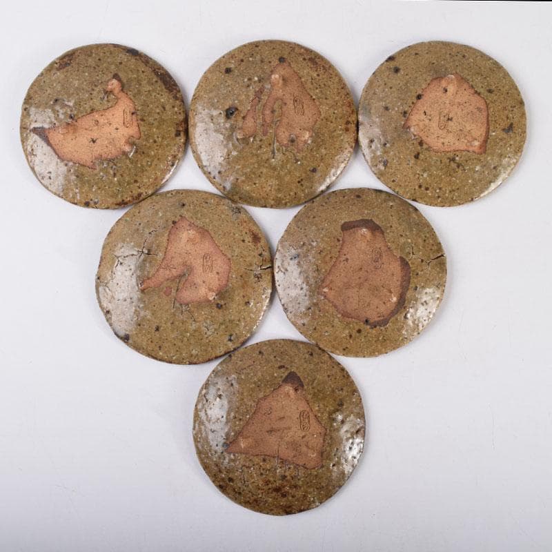 虫明焼　三つ足銘々皿　六客　時代箱　N　8673