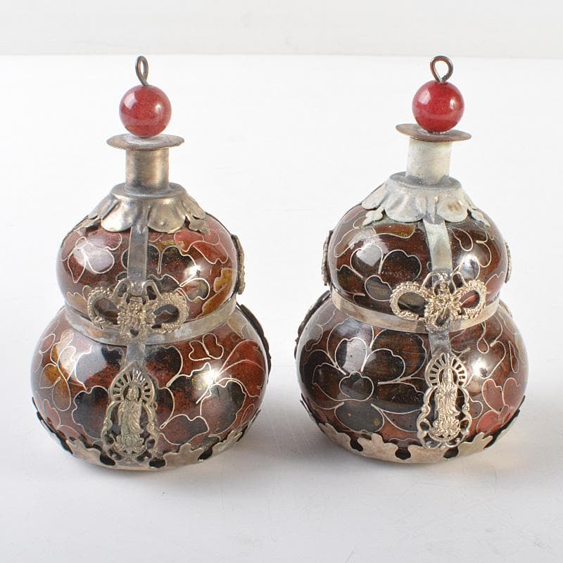 中国　紋銀　龍観音像装飾　銀象嵌　七宝鼻煙壷　一對　V　R6401