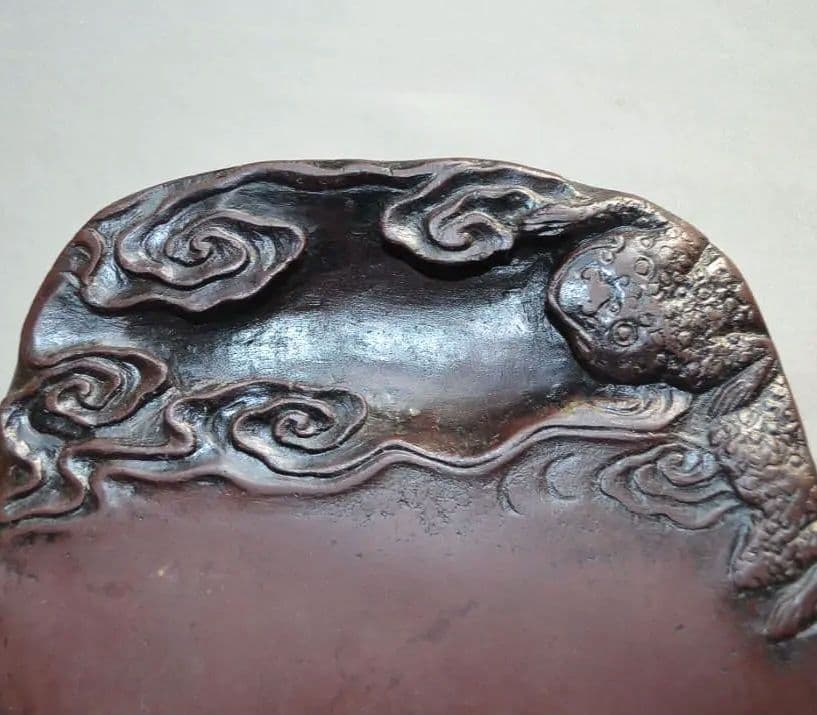 清朝期　旧宋坑『端渓三脚蟾蜍紋硯』 大型4.6㎏　馬肝色　四大名坑　端石　端硯