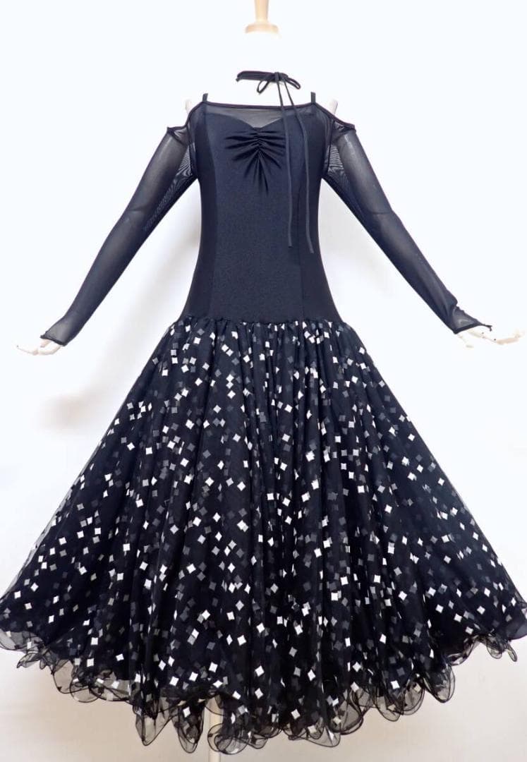 B1584★美品★M★黒/オフ白/ワンピース/スタンダードドレス☆社交ダンス