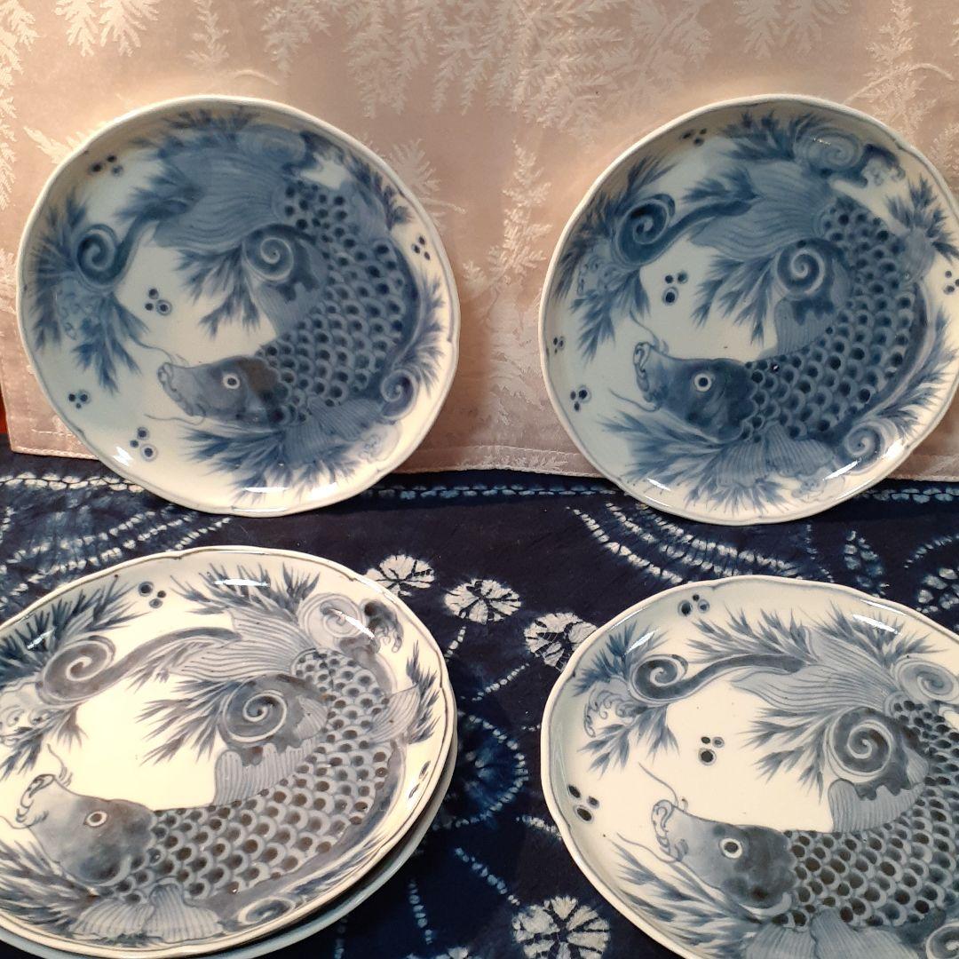 お値打ち❤️古伊万里　跳ね鯉呉須６寸皿５枚揃い