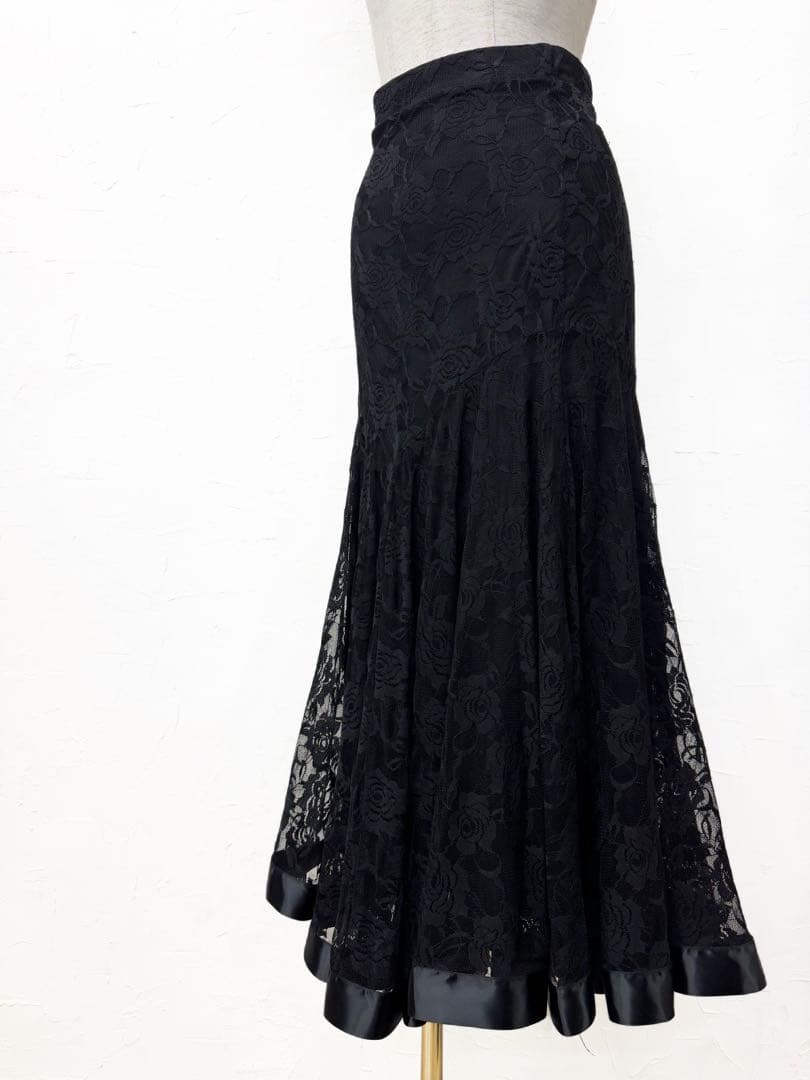 【薔薇レース】新品 社交ダンス用裾サテンテープ 黒ロングスカートb234