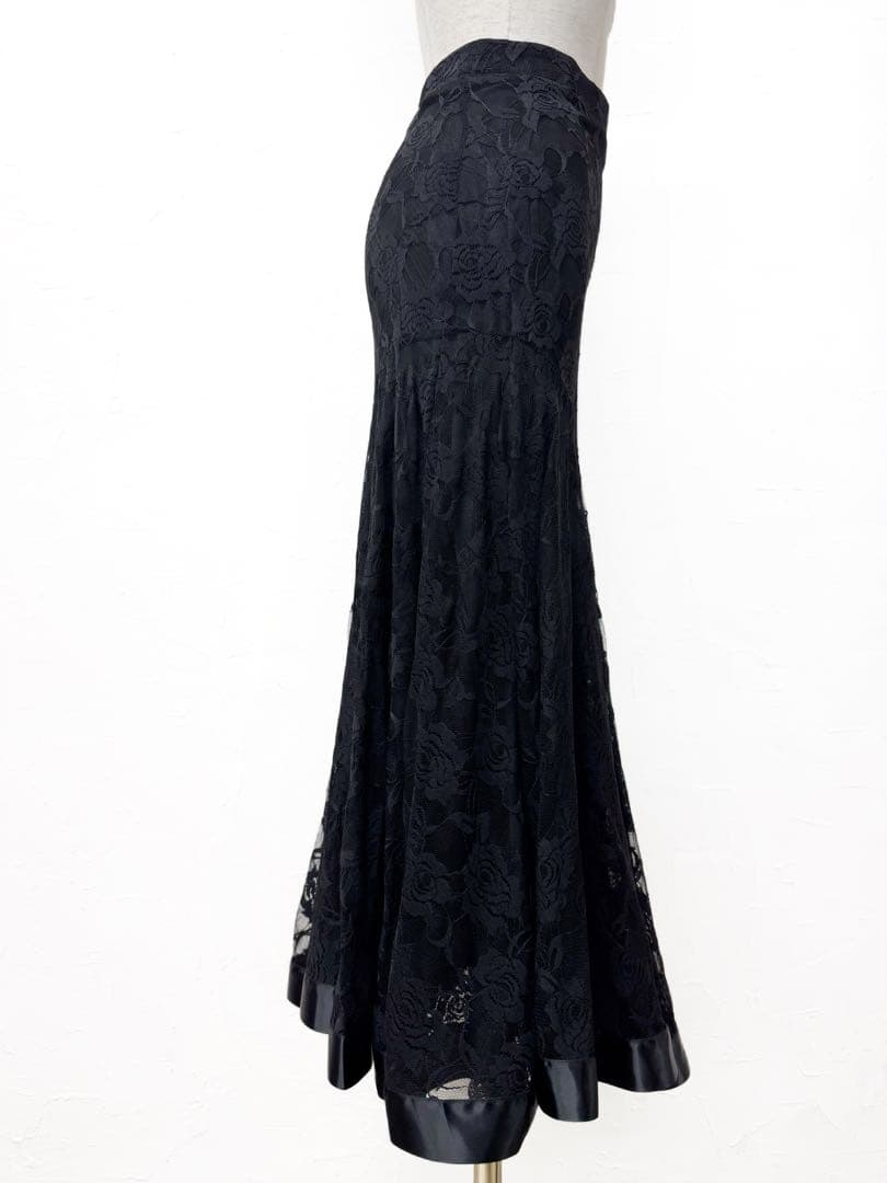 【薔薇レース】新品 社交ダンス用裾サテンテープ 黒ロングスカートb234