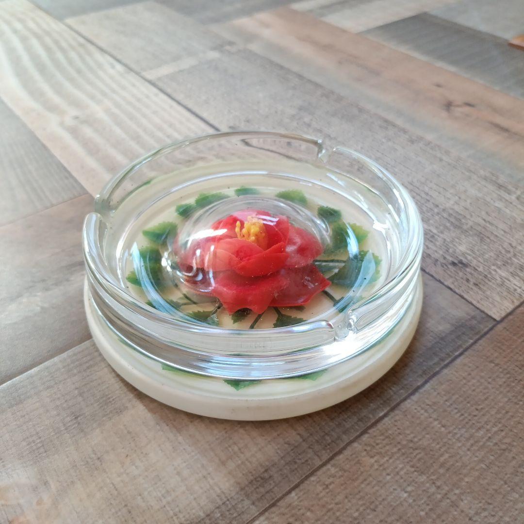【昭和レトロ】赤色花デザイン ガラス灰皿