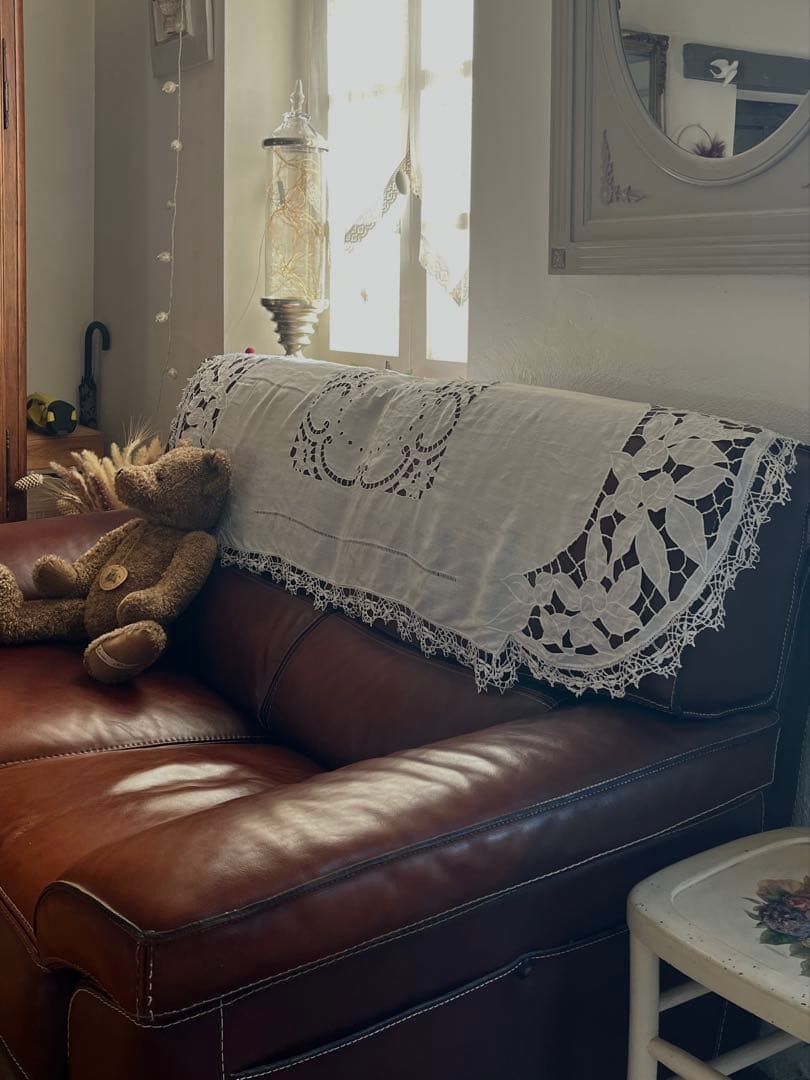 ◆フランスアンティーク｜大判手刺繍ボビンレースロングマルチクロスエンブレム長方形