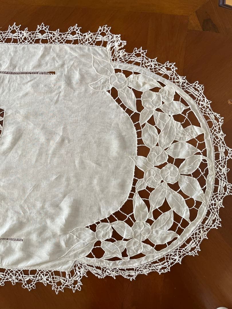 ◆フランスアンティーク｜大判手刺繍ボビンレースロングマルチクロスエンブレム長方形