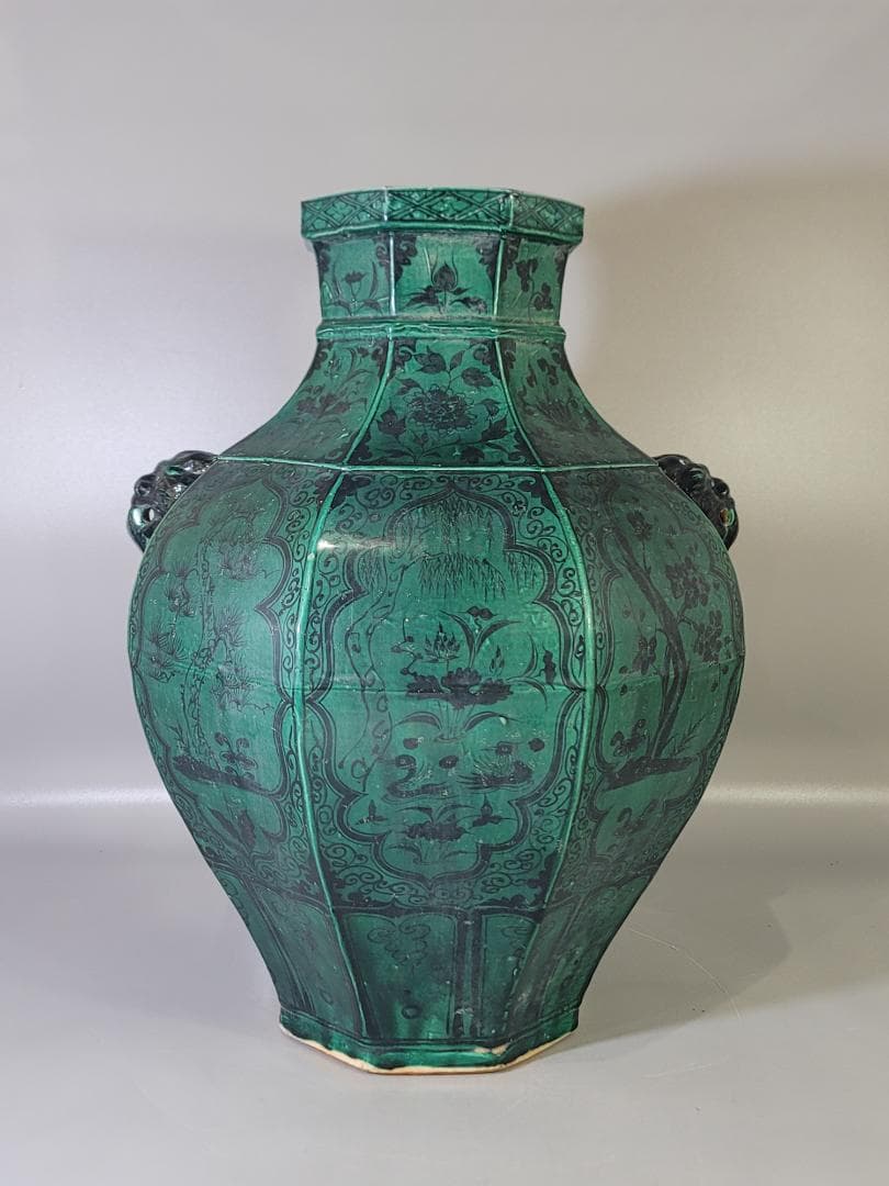 古い 中国 緑釉 獣耳 六角 瓶 高さ 39.5ｃｍ DT621