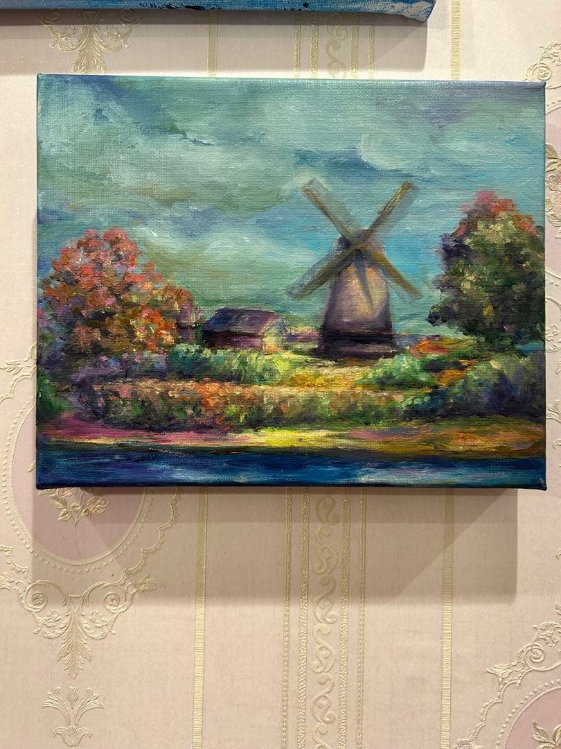 風車の油彩画 金色フレーム付き