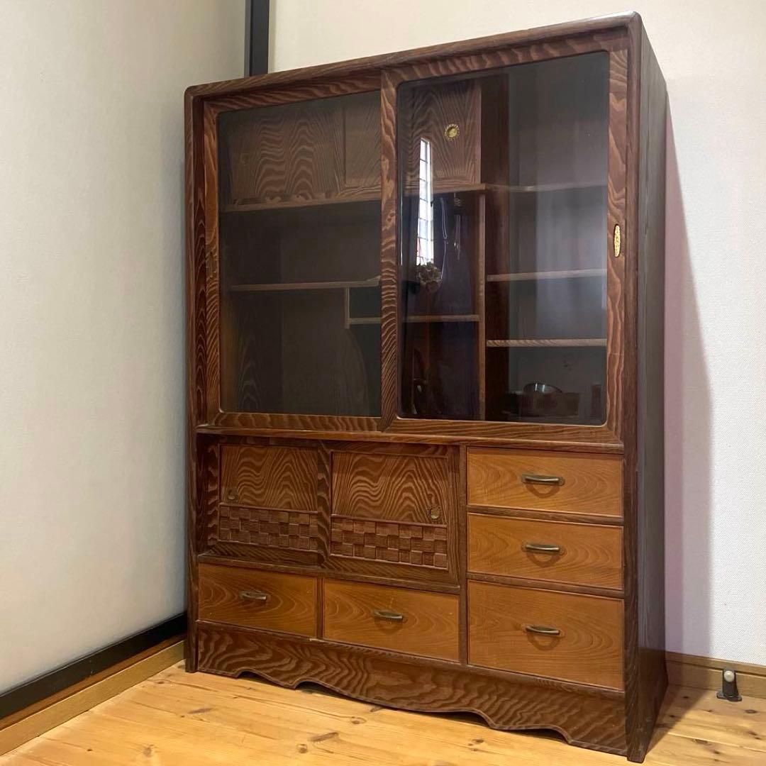 茶箪笥　桑材　木製ガラス扉付き和風収納棚　高さ120cm 食器棚