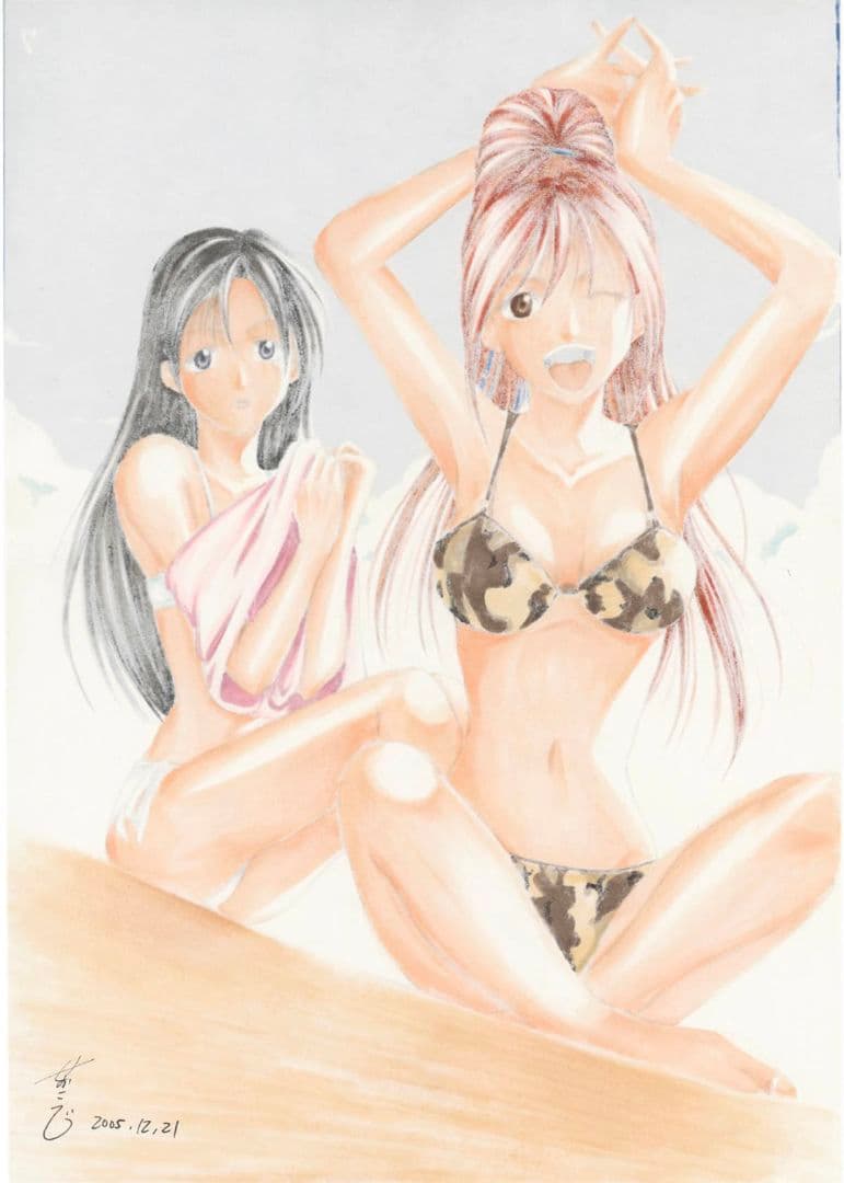 瀬尾公治 直筆カラー原画　涼風　イラスト　色紙　サイン