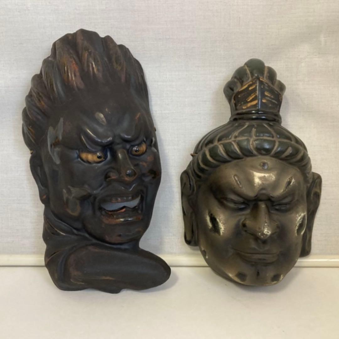 伐折羅大将 広目天⁇ お面 壁掛け 乾漆⁇ 仏教 美術 2点 骨董品 レトロ