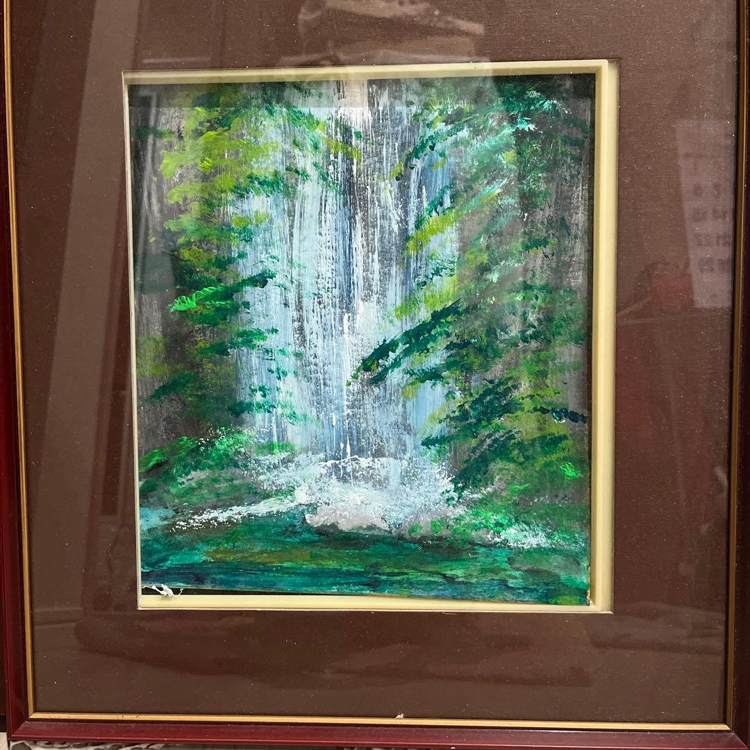 日本画 滝の風景 絵画 茶色フレーム素材27cm25cm
