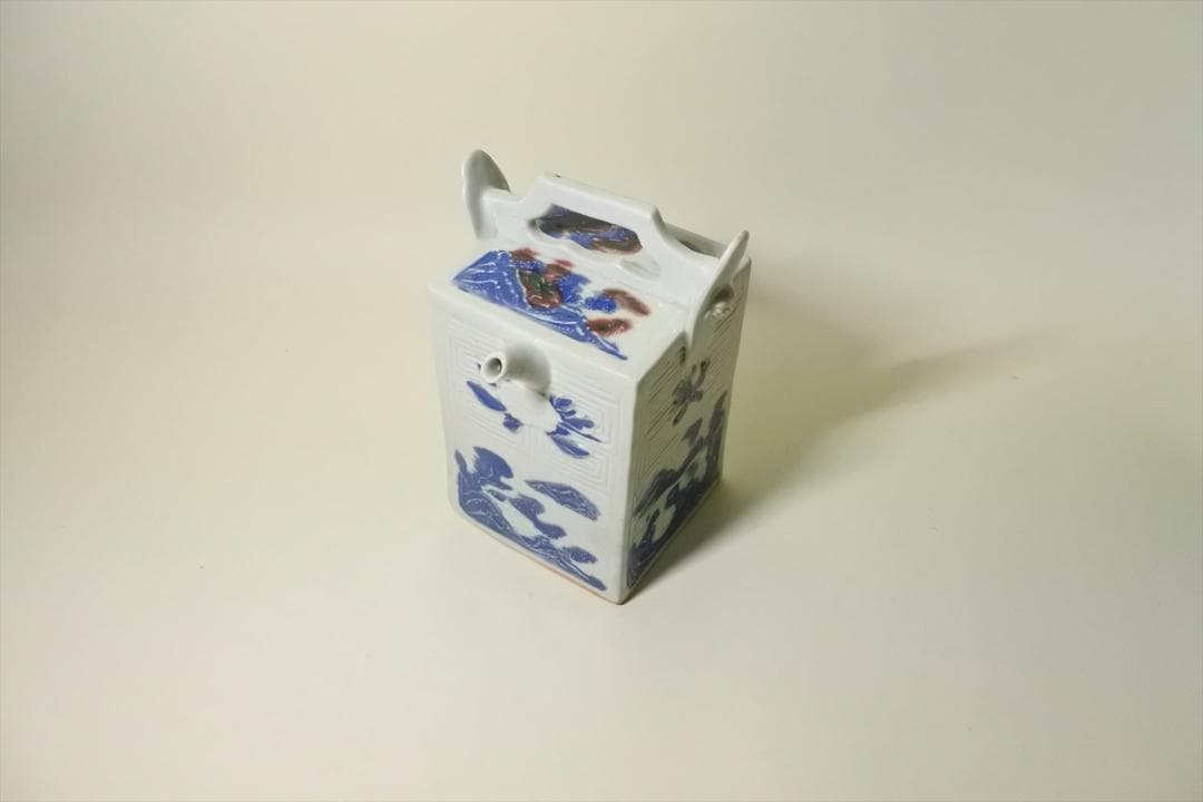 江戸後期　平戸焼　染付　辰砂　角水注　角徳利　持手付　骨董品　アンティーク　i