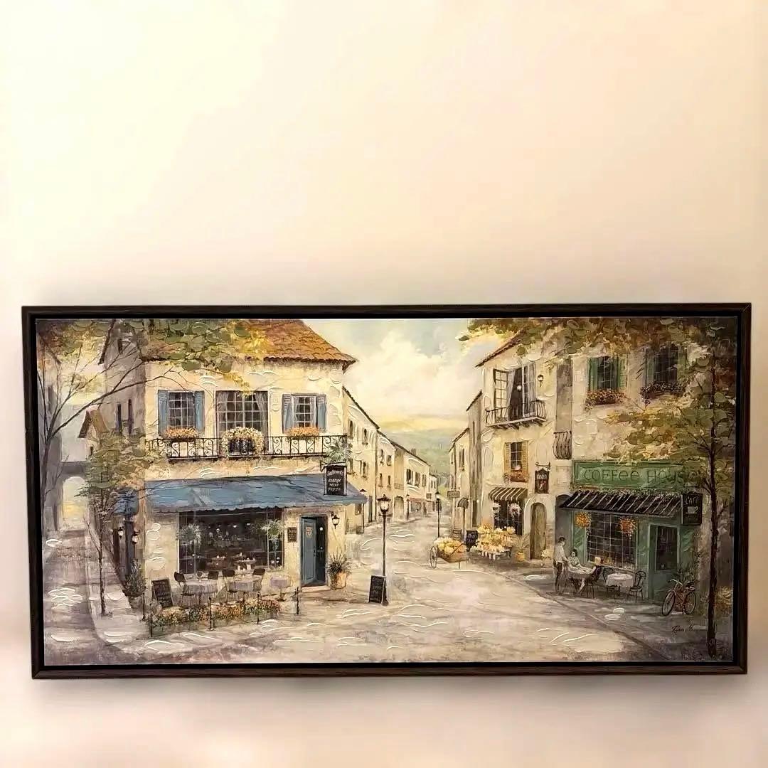 【アメリカで購入】風景画 カフェと街並み 横長95.25cm×49.53cm