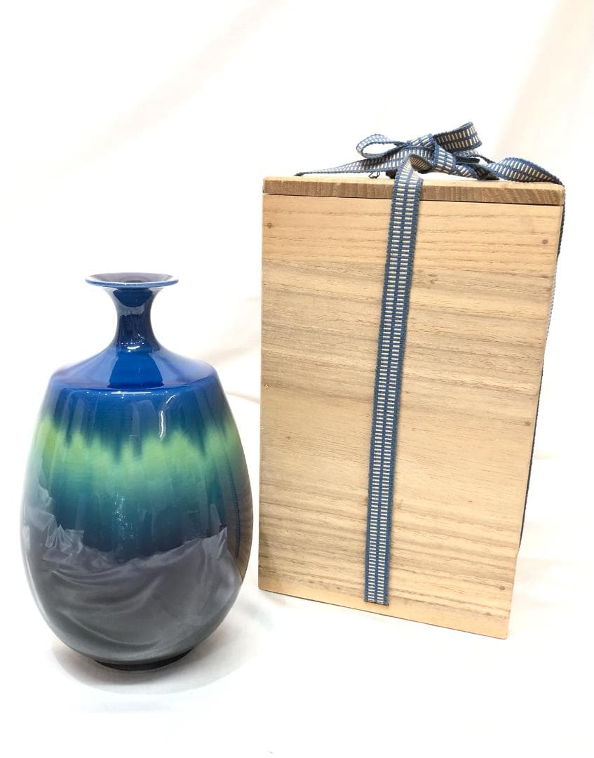 九谷焼 人間国宝 三代 徳田八十吉 壱 正彦 赤銘 碧明耀彩釉 花器 飾壺 共箱