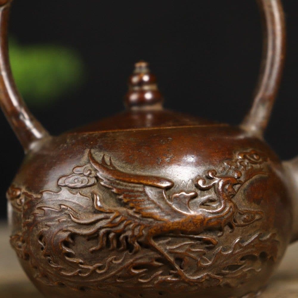 銅 細工 龍鳳提梁壺 茶壺 酒壺 茶道具 工芸品 美術品 置物