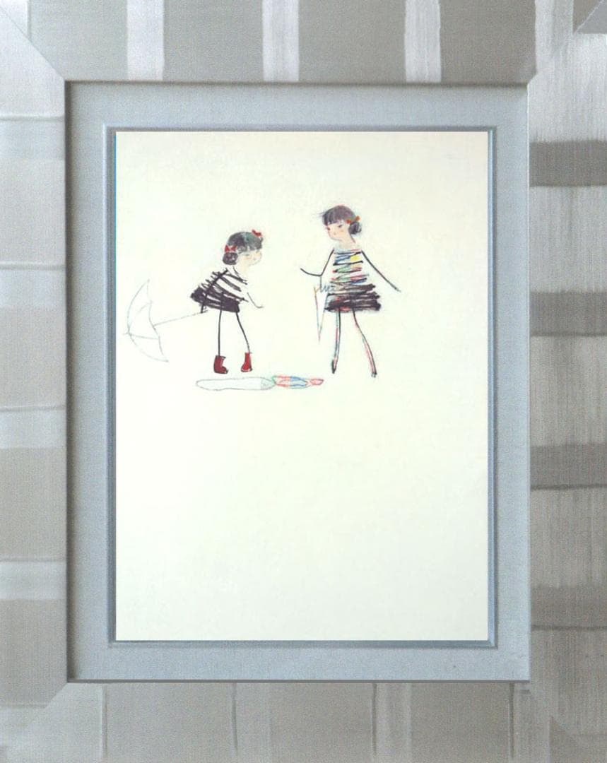 油絵 絵 絵画インテリア 額付(青緑＋金色の枠)F4-040314 子供雨あがり