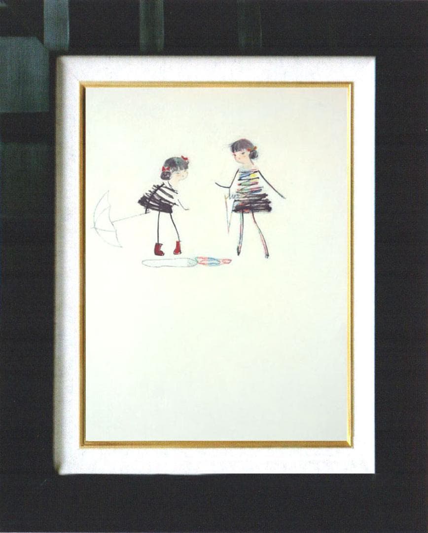 油絵 絵 絵画インテリア 額付(青緑＋金色の枠)F4-040314 子供雨あがり