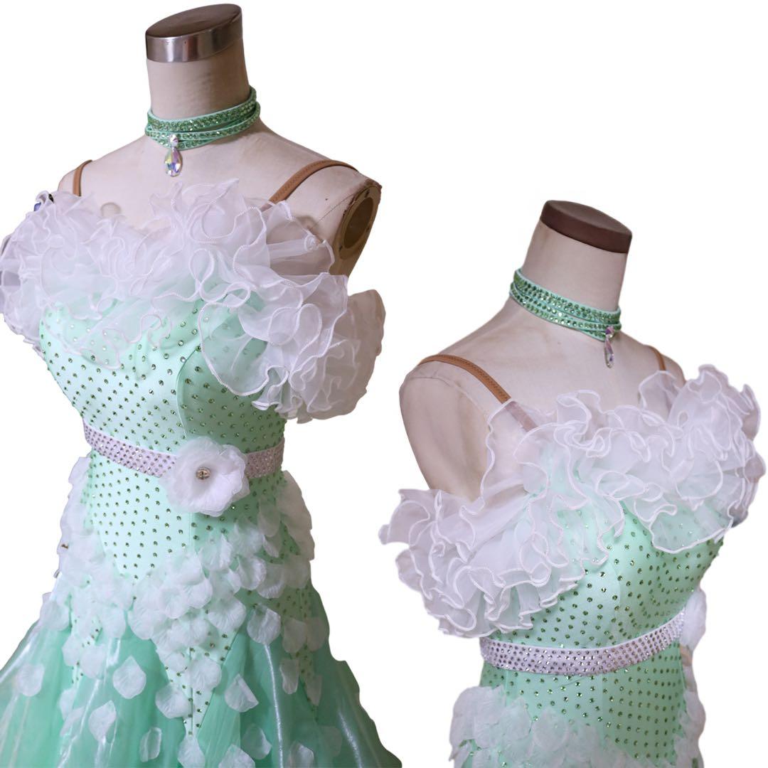 【新品】社交ダンススタンダードドレス/ミントグリーン系&白フリル