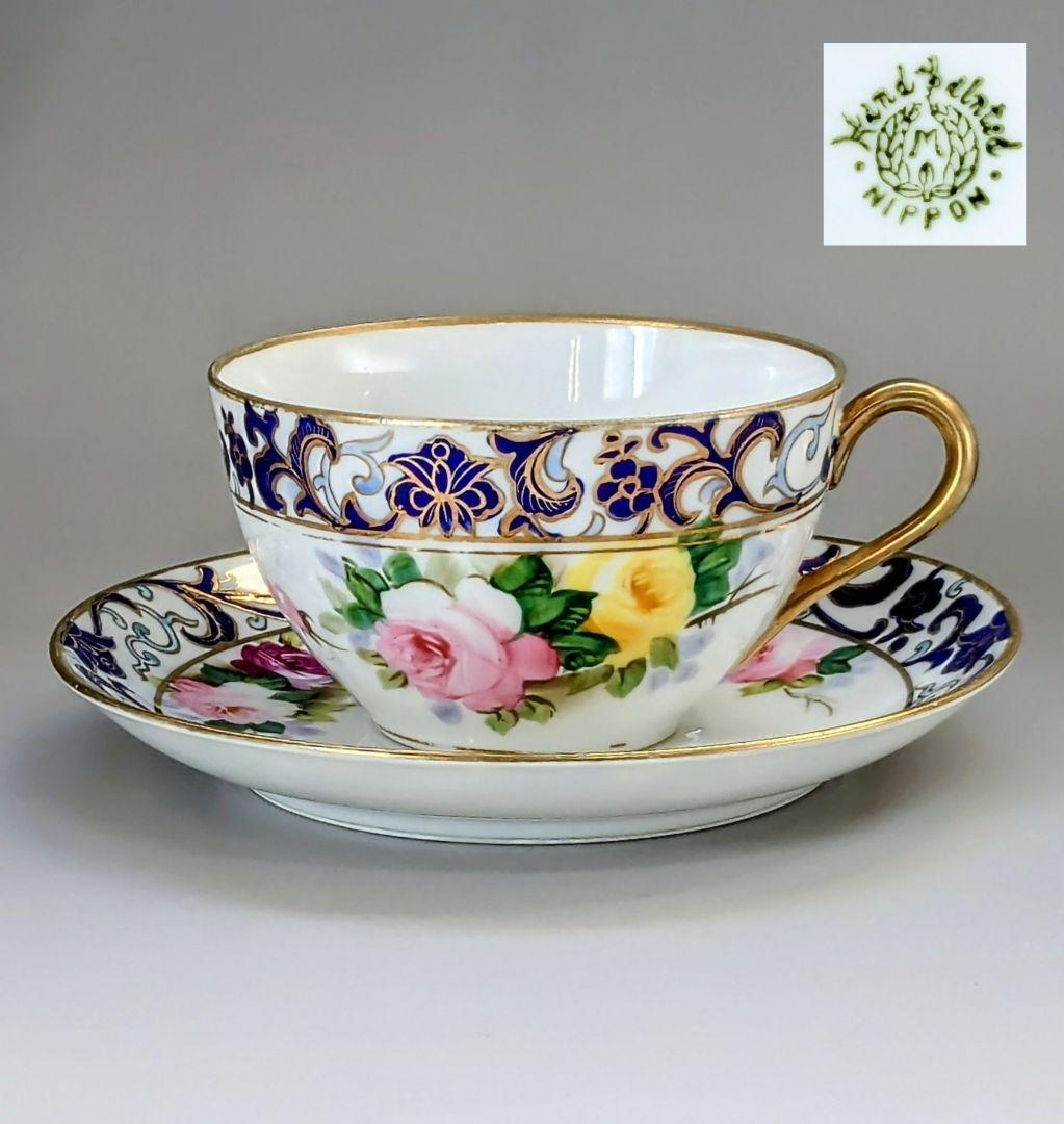 オールドノリタケ銘品!! 金彩藍帯薔薇図紋　キャビネットカップ＆ソーサー