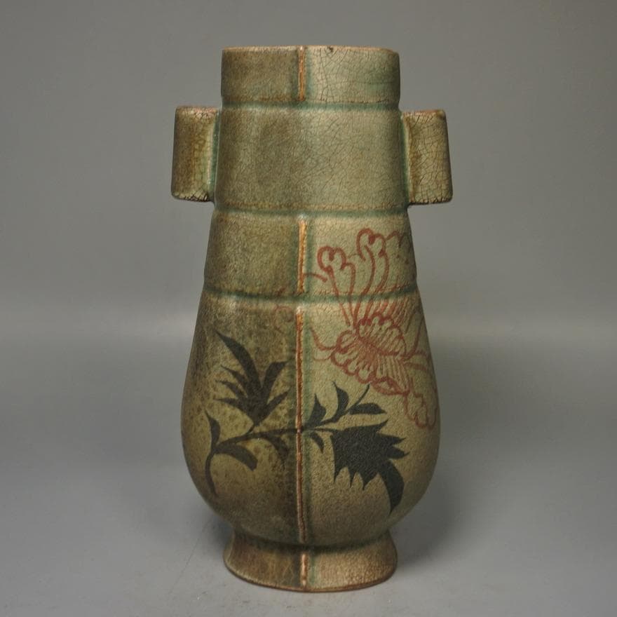 花と子供 陶器瓶　柴窯瓶　飾り壺　花瓶