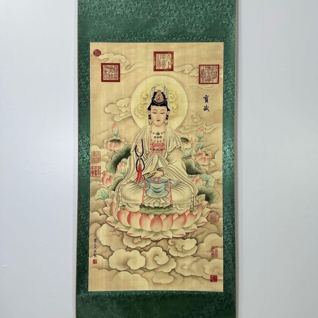 掛け軸 中堂 仇英 観音大士図 観音菩薩 仏画 佛画 蓮華 観音像 中国画