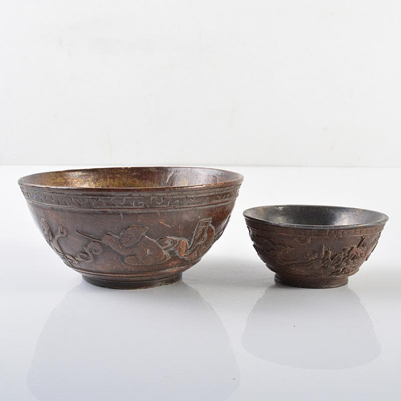 中国　唐物　椰子の実盃　内銀張　山水人物文　煎茶碗　2点まとめて　C　R6288