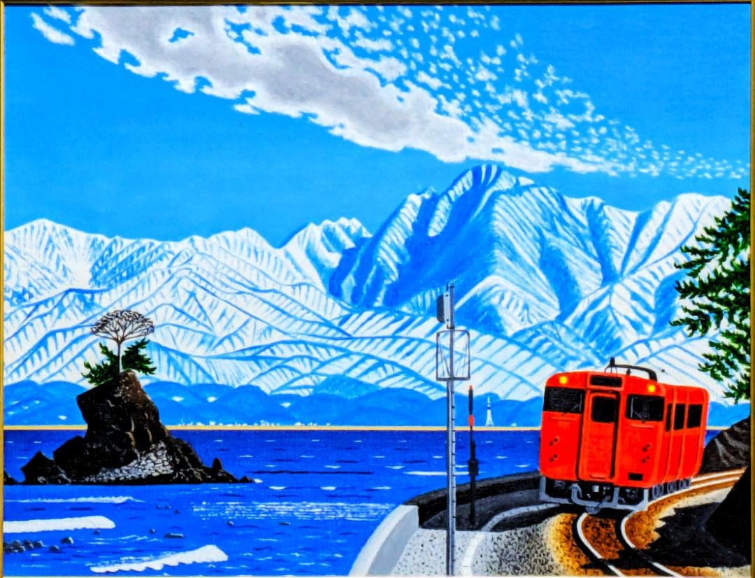 ★雨晴れ海岸を走る電車・肉筆油彩画・F6キャンバス