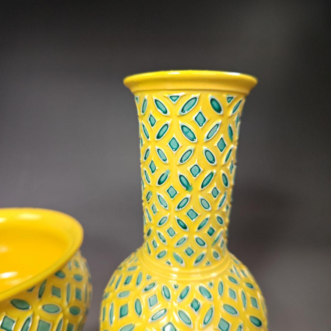 イ481 皆具『赤沢露石作』『黄交趾　皆具　共箱』水指　建水　杓立　蓋置　茶道具