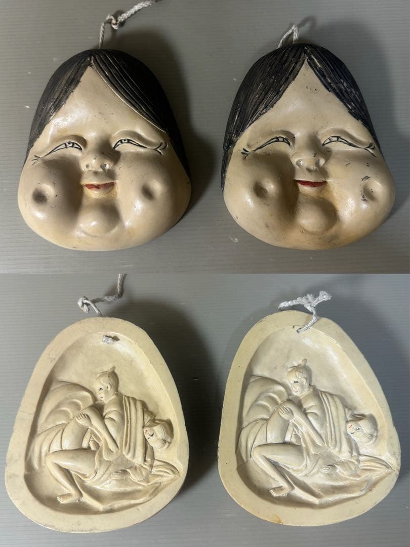 2499 骨董 裏春画 置物 彫刻 おたふく 裏絵 縁起物 お多福 お面　2客