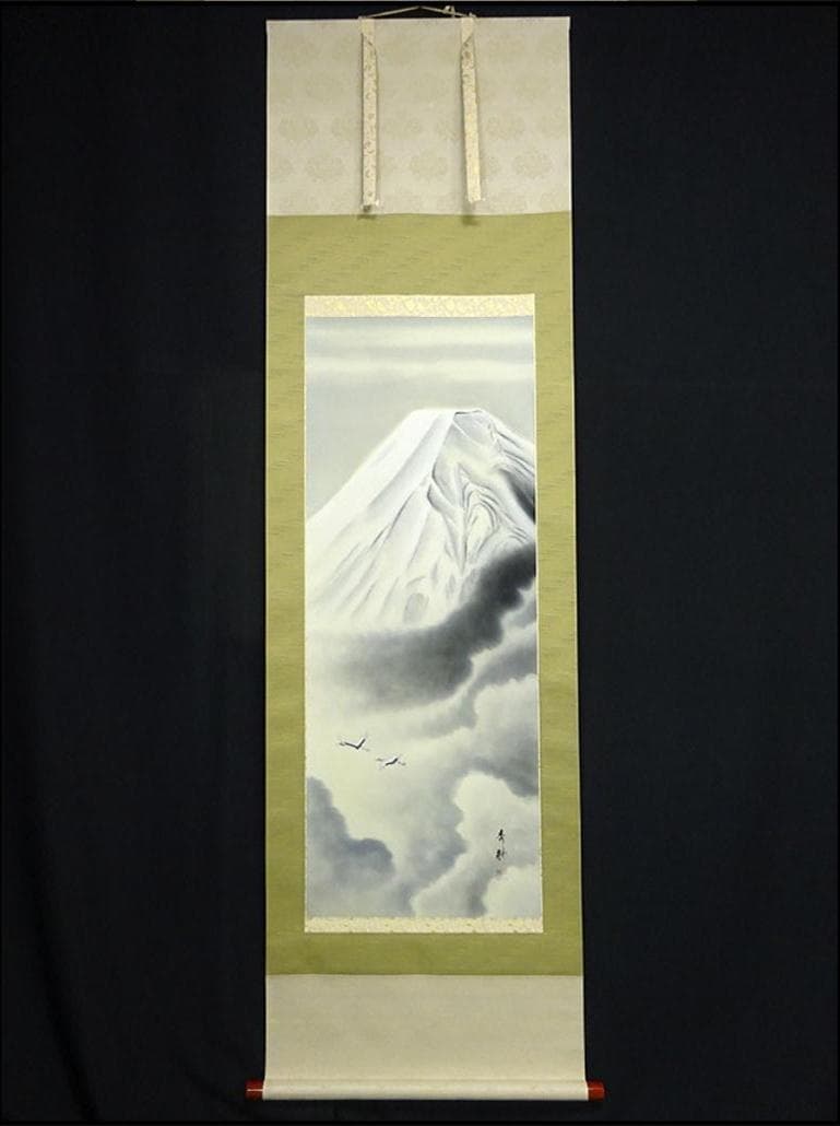 掛軸 秀耕『富嶽図』日本画 絹本 肉筆 共箱付 掛け軸 a071214