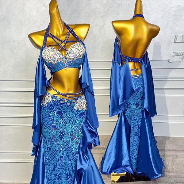 新品未使用 高級ベリーダンス衣装 宝石ブルー魚尾ロングドレス ブラスカートベルト