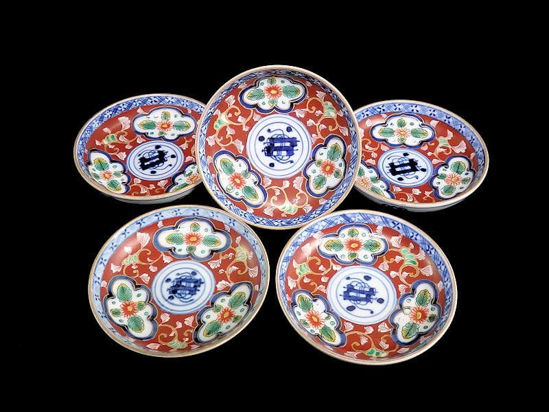 大聖寺伊万里　色絵　窓絵　菊に唐草の図　４寸皿　５客　A136A-CBe