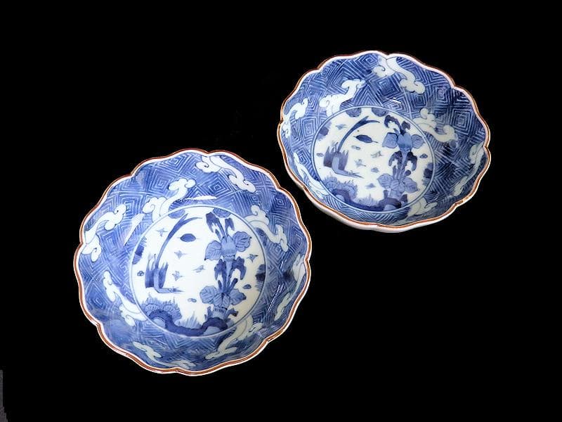 古伊万里　染付　雷紋に雲　花鳥紋の図　膾皿　２客　江戸期　E411AS-CEz