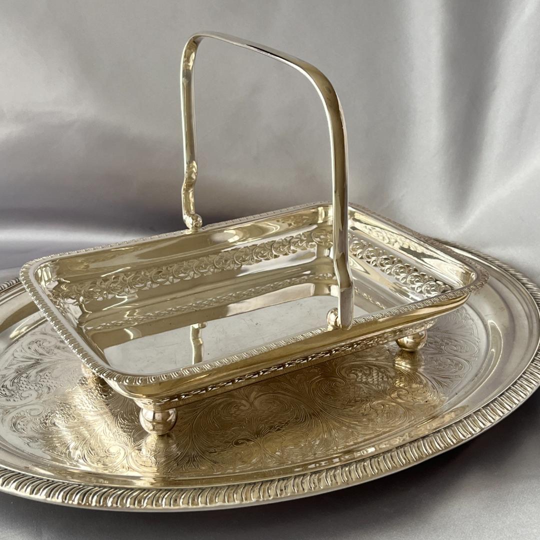 【英国】ピアスのバスケット / フルーツスタンド【シルバープレート】