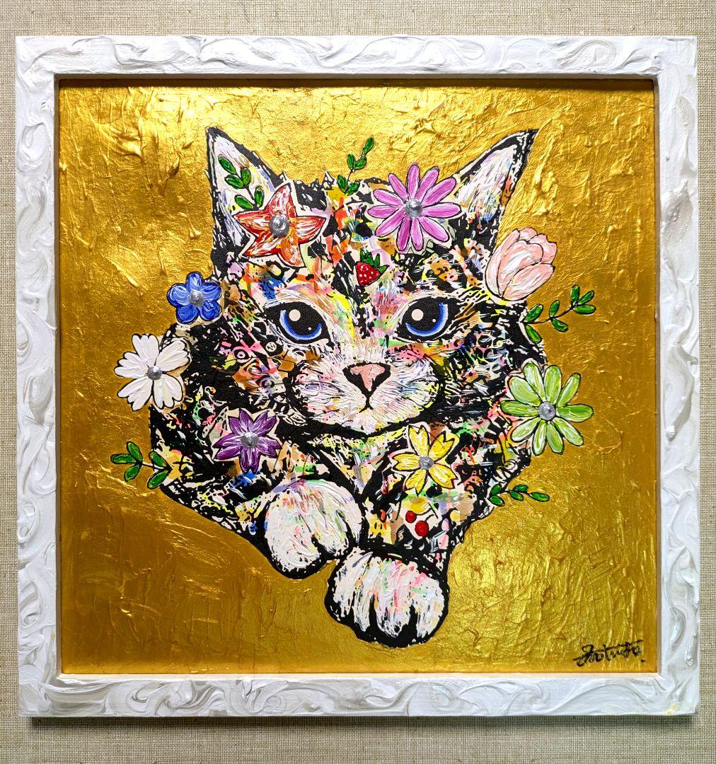 スイカ大サイズ！手作り額付き作品　title「へいお待ち！ニャンコ」