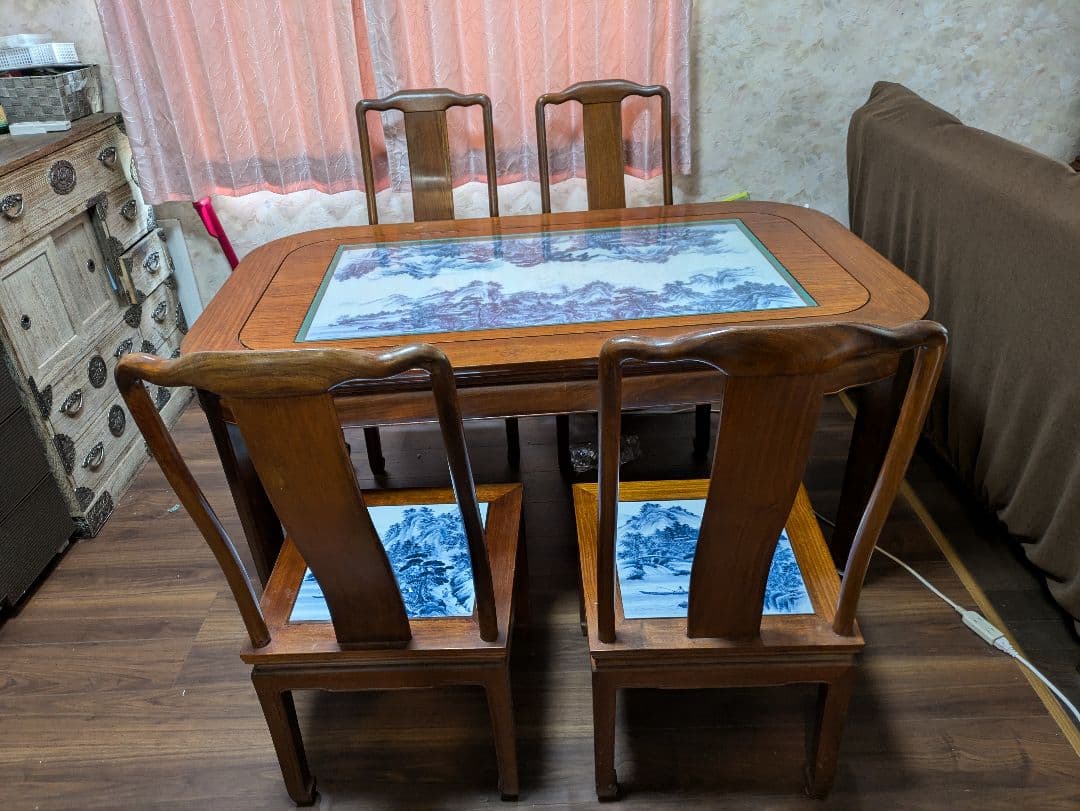 【沖縄・離島除く】有田焼、ダイニングテーブルセット、『染付山水絵陶板』神右衛門窯