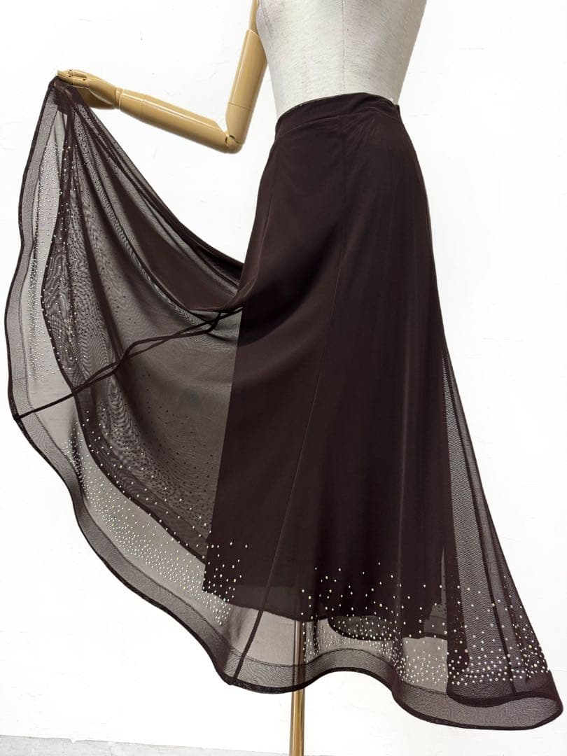 【レアカラー】新品 ブラウン　裾ホースヘアーラインストーンロングスカートｄ097