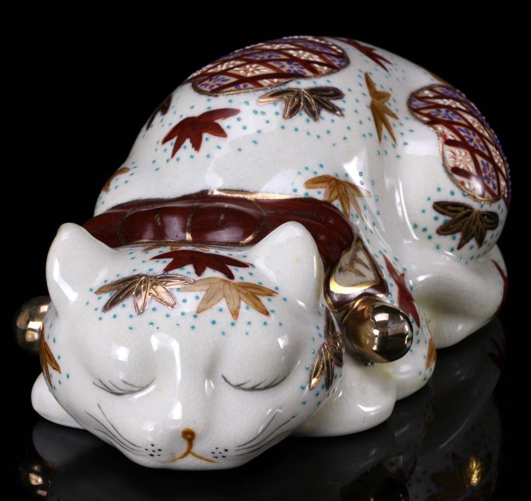 h*a様 【希少・美品】九谷焼 招き猫 眠り猫 金彩色絵 紅葉文 縁起物 骨董品