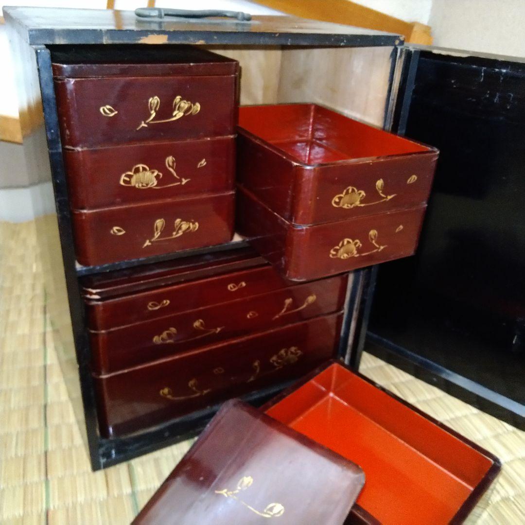☘ 明治時代 骨董 漆器 　野弁当　重箱 風景花絵　漆塗内朱　天然木