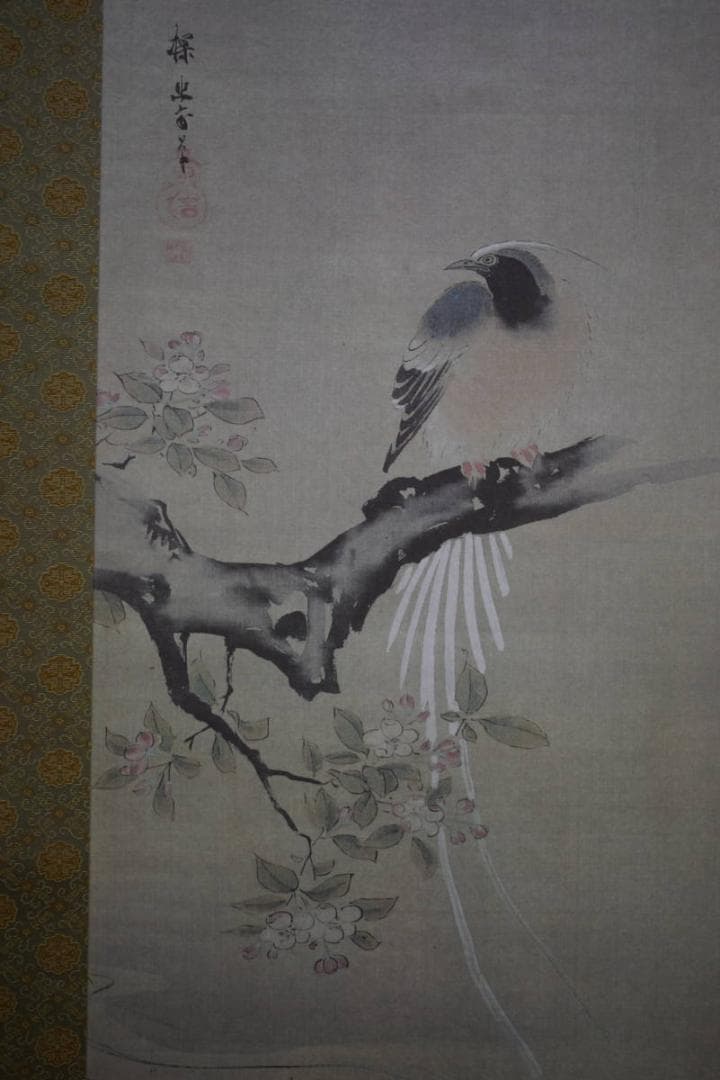 複製/狩野探幽/海常に尾長鳥/工芸/桐共箱付/布袋屋掛軸HH-933