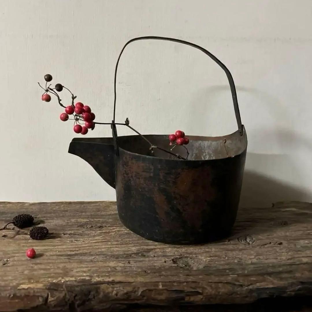 シャビー 古い片口銅鍋その④コッパーケトル　骨董　ガーデニング　古道具　検:李朝