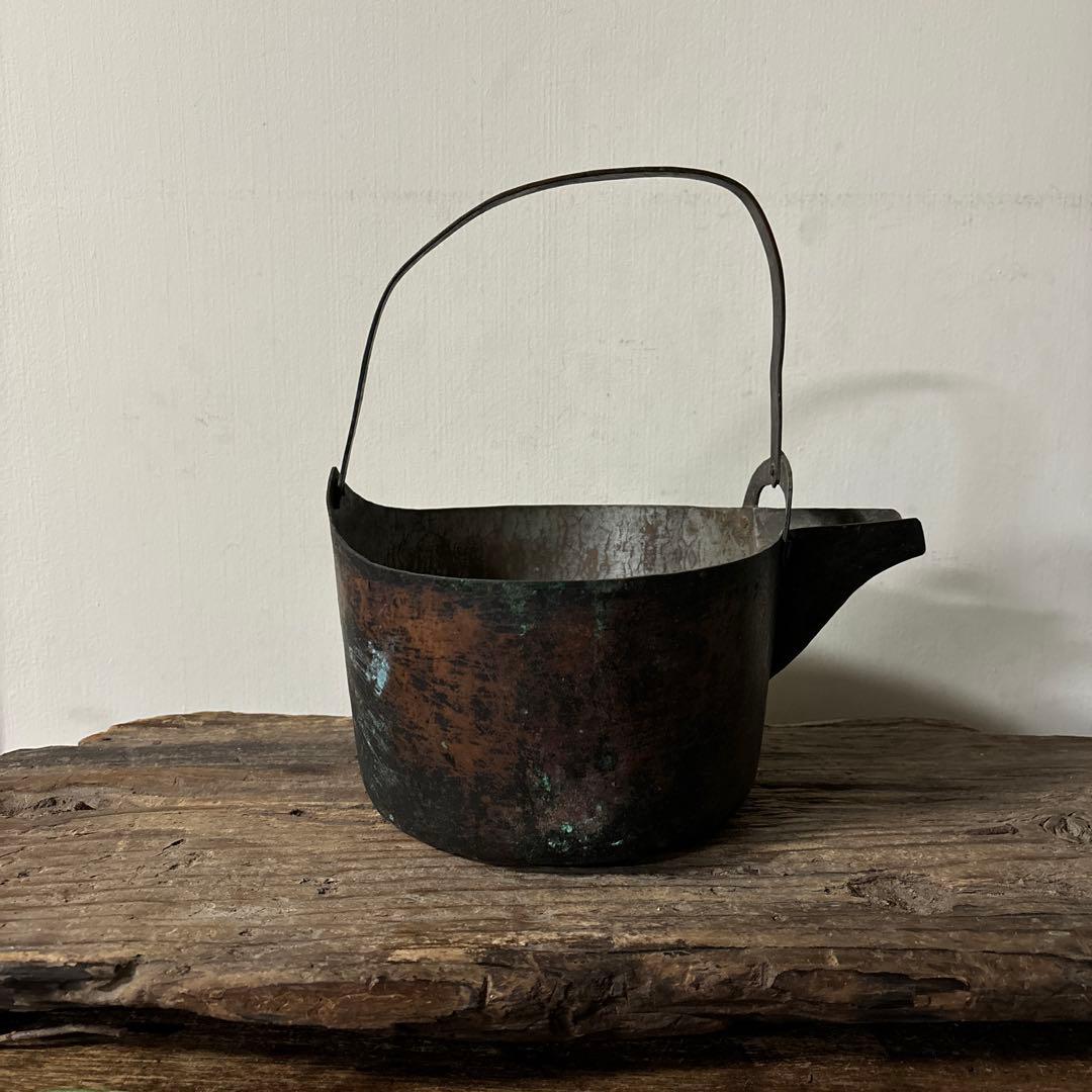 シャビー 古い片口銅鍋その④コッパーケトル　骨董　ガーデニング　古道具　検:李朝